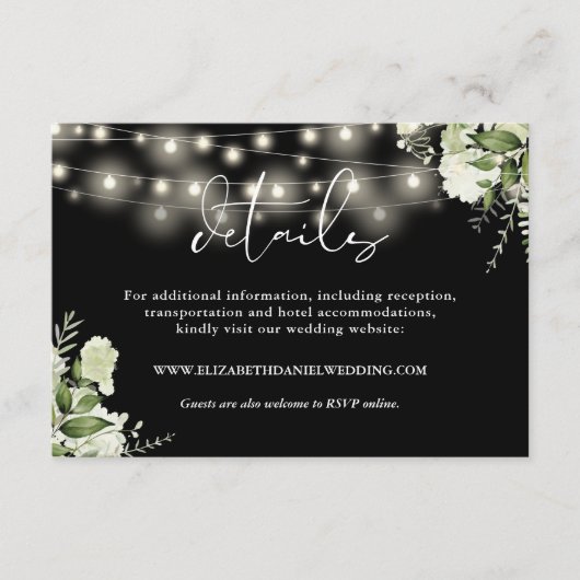 Greenery Floral String Lights Wedding Details Informatiekaartje (Voorkant)