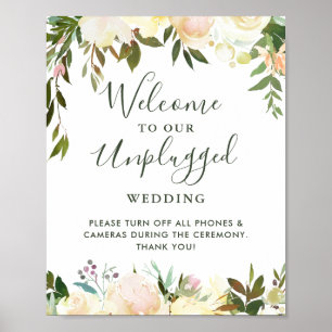 Greenery Floral Unplugged Wedding Ceremony Sign Poster