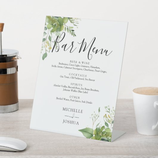 Greenery Floral Wedding Bar Menu Reclamebord Met Voetstuk (Insitu)