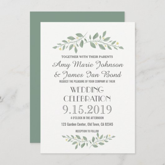 Greenery Floral Wedding Invitations Kaart (Voorkant / Achterkant)