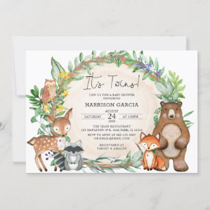 Greenery Floral Woodland Animals Twins Baby shower Kaart
