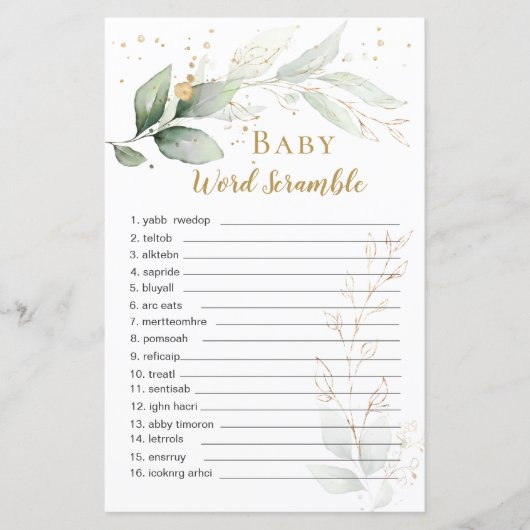 Greenery Foliage Baby Word Scramble Paper Sheet (Voorkant)