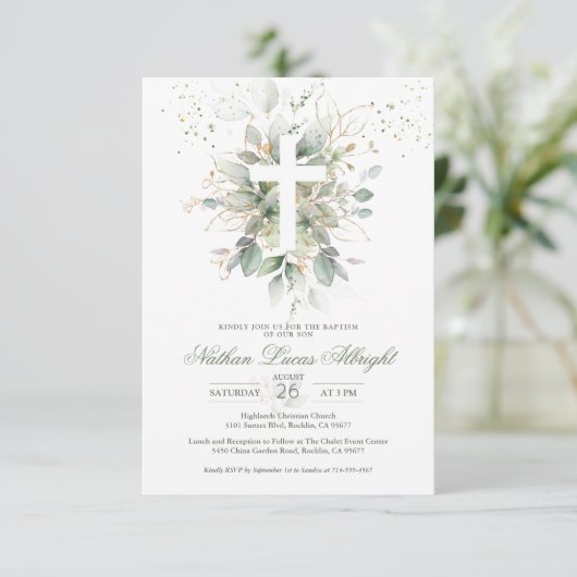 Greenery Foliage Cross Baby Baptism Enclosure Kaar Informatiekaartje (Staand voorkant)