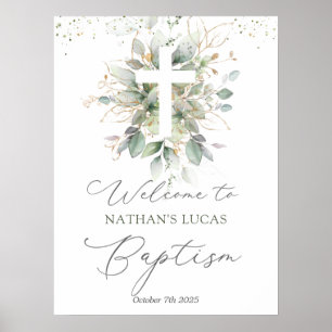 Greenery Foliage Cross Baby Baptism Poster
