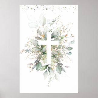 Greenery Foliage Cross Baby Baptism  Poster
