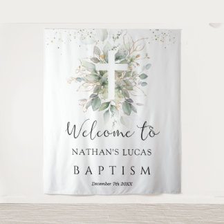 Greenery Foliage Cross Baby Baptism  Wandkleed