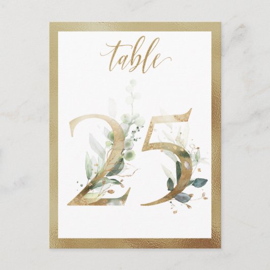 Greenery Foliage Gold Table Numbers, Tabel 25 Card Briefkaart (Voorkant)