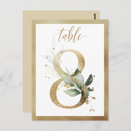 Greenery Foliage Gold Table Numbers, Tabel 8 Card Briefkaart (Voorkant / Achterkant)