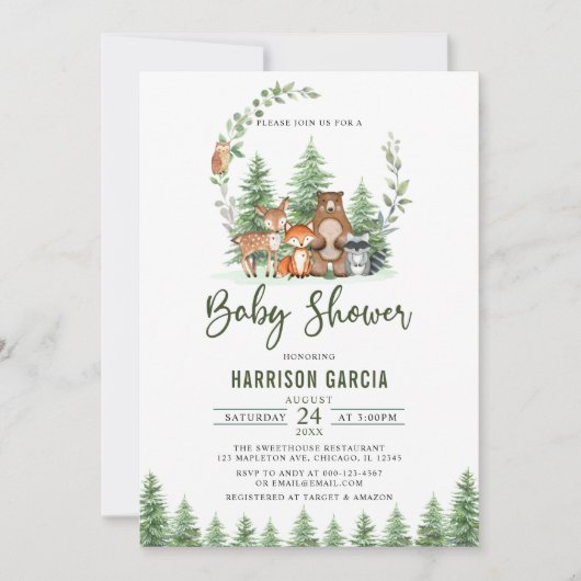 Greenery Forest Woodland Animals Baby shower Kaart (Voorkant)