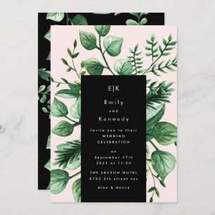 Greenery Fresh Leaf Modern Black Pink Wedding Kaart