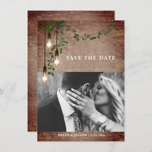 Greenery Garland Lightbulb Brick Wedding Save The Date (Voorkant / Achterkant)