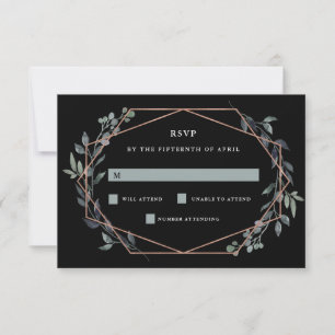 Greenery Geo Black Roos Gold Wedding RSVP Kaartje