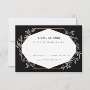 Greenery Geo Black Roos Gold Wedding RSVP Kaartje