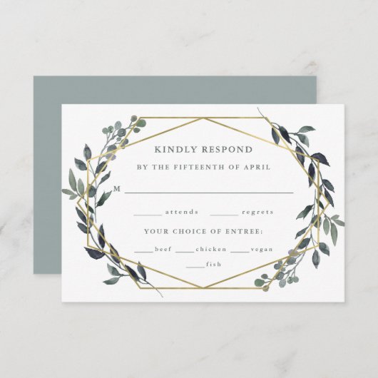 Greenery Geo | Goud-weddenschap RSVP Kaartje (Voorkant / Achterkant)