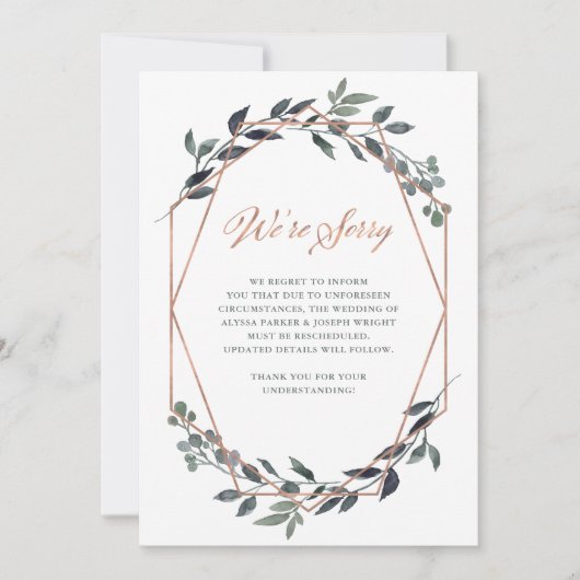 Greenery Geo | Roos Gold Wedding Annulering Kaart (Voorkant)