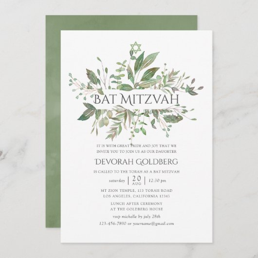 Greenery Geometric Bat Mitzvah Kaart (Voorkant / Achterkant)