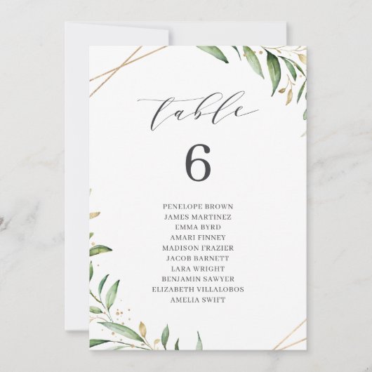 Greenery Geometric table number seating chart Kaart (Voorkant)