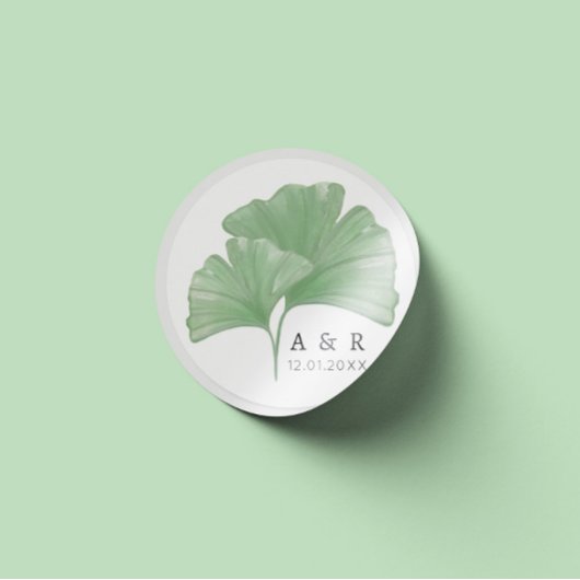 Greenery Ginkgo Tree Waterverf Wedding Monogram Ronde Sticker