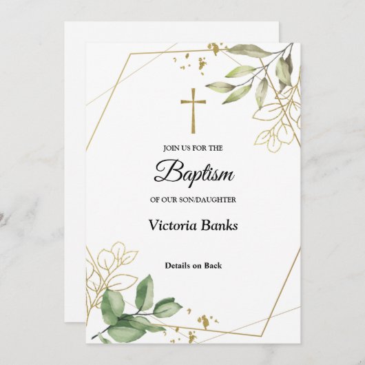 Greenery Gold Baptism Invitation Kaart (Voorkant / Achterkant)