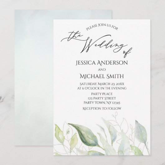 Greenery Gold Botanical Leaves Wedding Kaart (Voorkant / Achterkant)