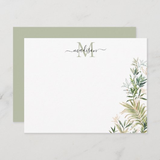 Greenery Gold Botanical Rustige Foliage Monogram Notitiekaartje (Voorkant / Achterkant)