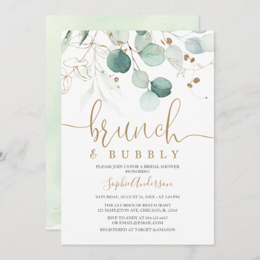 Greenery Gold Brunch & Bubbly Vrijgezellenfeest Kaart (Voorkant / Achterkant)