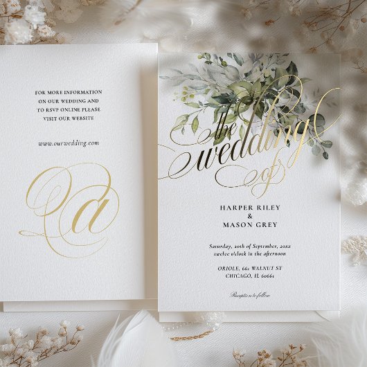 Greenery Gold Calligraphy Huwelijk Elegant Script Folie Uitnodiging