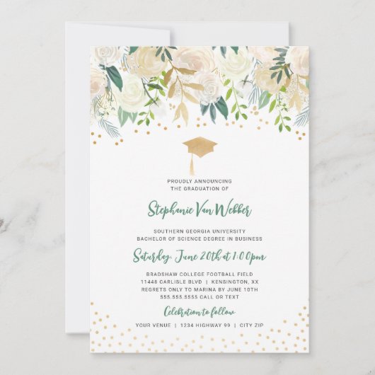 Greenery + Gold Confetti afstuderen UITNODIGING (Voorkant)