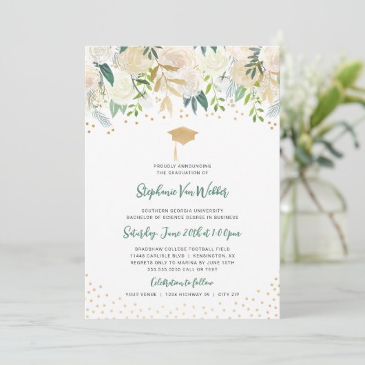 Greenery + Gold Confetti afstuderen UITNODIGING (Staand voorkant)