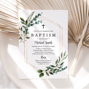 Greenery Gold Cross Baptism Uitnodiging Christenin