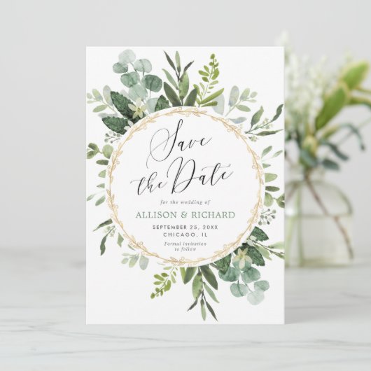 Greenery Gold elegant modern Save the Date Kaart (Staand voorkant)