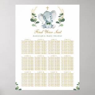 Greenery Gold Elephant Baptism Seating Chart Poster