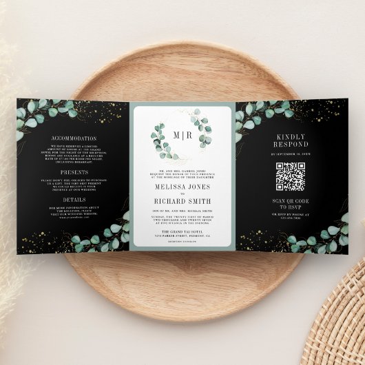 Greenery Gold Eucalyptus Black QR Code Weddenschap Drieluik Uitnodiging