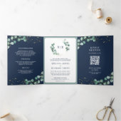 Greenery Gold Eucalyptus Navy Blue QR Code Weddens Drieluik Uitnodiging (Binnen)