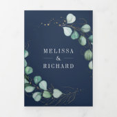 Greenery Gold Eucalyptus Navy Blue QR Code Weddens Drieluik Uitnodiging (Cover)