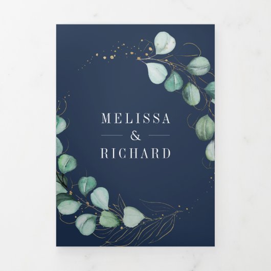 Greenery Gold Eucalyptus Navy Blue QR Code Weddens Drieluik Uitnodiging (Cover)