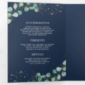 Greenery Gold Eucalyptus Navy Blue QR Code Weddens Drieluik Uitnodiging (Binnenzijde eerst)
