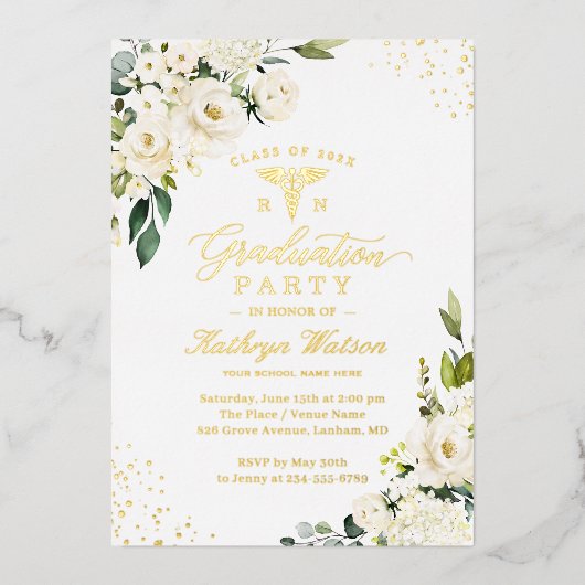 Greenery Gold Floral Nursing School Afstuderen Folie Uitnodiging (Voorkant)