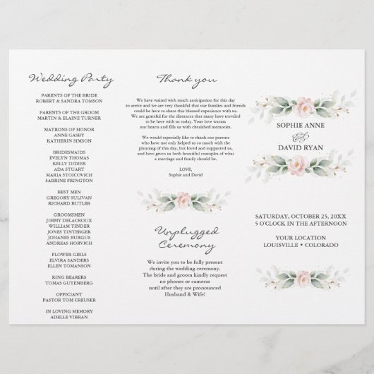 Greenery Gold Floral Tri+Fold Wedding Programme Flyer (Voorkant)