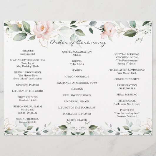 Greenery Gold Floral Tri+Fold Wedding Programme Flyer (Achterkant)