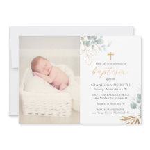 Greenery Gold Foil Baptism Invitation met foto