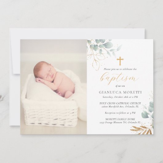Greenery Gold Foil Baptism Invitation met foto Kaart (Voorkant)
