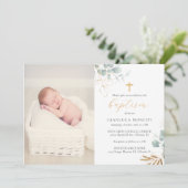 Greenery Gold Foil Baptism Invitation met foto Kaart (Staand voorkant)