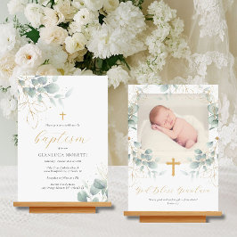 Greenery Gold Foil Baptism Invitation met foto Kaart