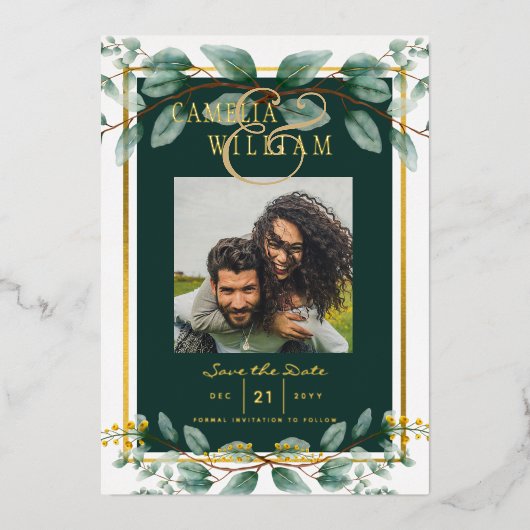 Greenery Gold Foil FOTO QR CODE Wedding Save Date Folie Uitnodiging (Voorkant)