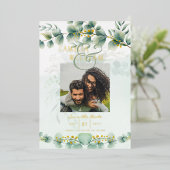Greenery Gold Foil FOTO QR CODE Wedding Save Date Folie Uitnodiging (Staand Voorkant)