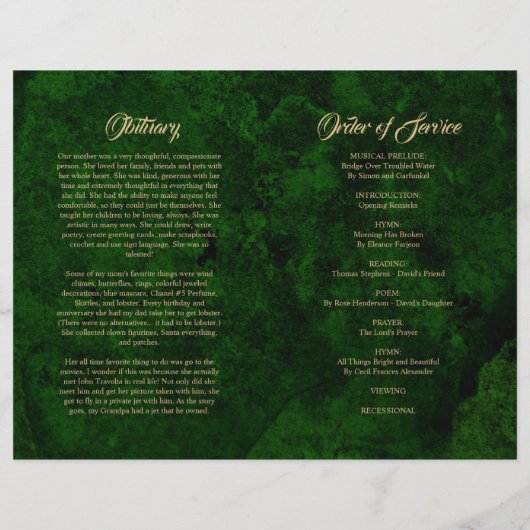 Greenery & Gold Funeral Program | Dienstenvolgorde (Achterkant)