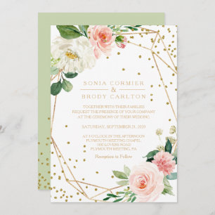 Greenery & Gold Geometric Elegant Floral Wedding Kaart