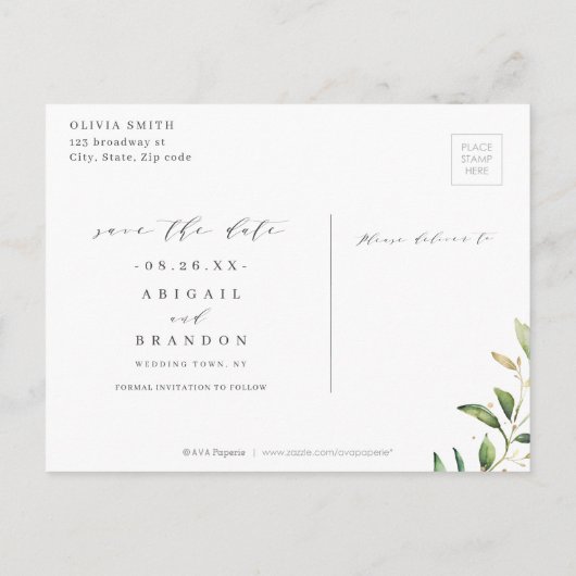 Greenery Gold Geometric Rustic Save the Date Aankondigingskaart (Achterkant)