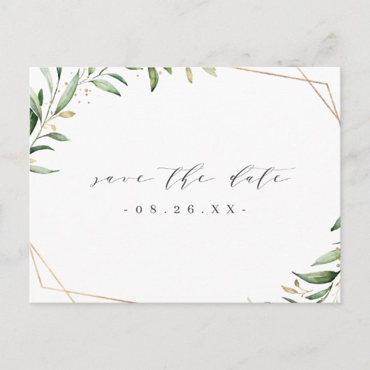 Greenery Gold Geometric Rustic Save the Date Aankondigingskaart (Voorkant)